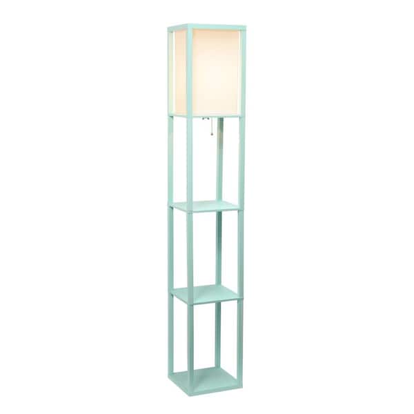 62.5 in. Aqua Three Shelf Standard Floor Lamp with White Linen Shade for Living Room, Bedroom, with LED Bulb Included