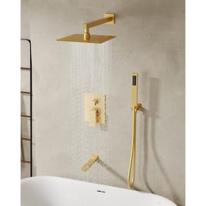 1-Handle 3-Spray Wall Mount Tub and Shower Faucet with 10 in. Rain Shower Head in Brushed Gold (Valve Included)