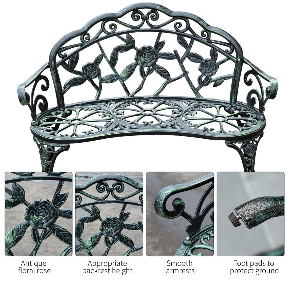 Antique Green Cast Aluminum Outdoor Bench with Floral Design