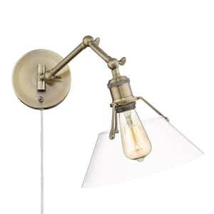 Orwell 1-Light Aged Brass and Clear Glass Plug-In or Hardwired Swing Arm Wall Lamp with 120 in. Cord