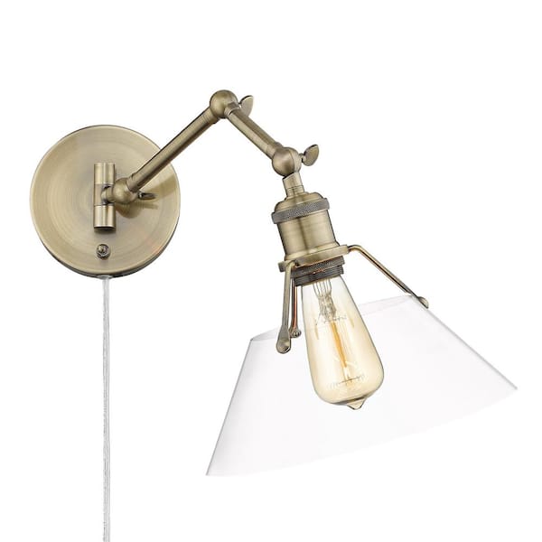 Golden Lighting Orwell 1- Light Aged Brass and Clear Glass Plug-In or Hardwired Swing Arm Wall Lamp with 120 in. Cord