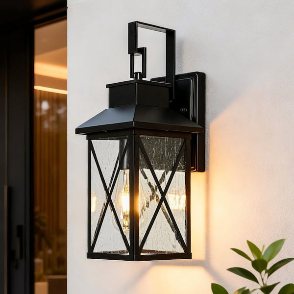 15 in. 1-Light Matte Black Hardwired Outdoor Wall Light Lantern Porch Sconce with Clear Seeded Glass, No Bulbs Included