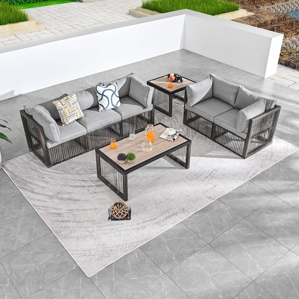 7-Piece Wicker Patio Conversation Sectional Seating Set with Gray Cushions
