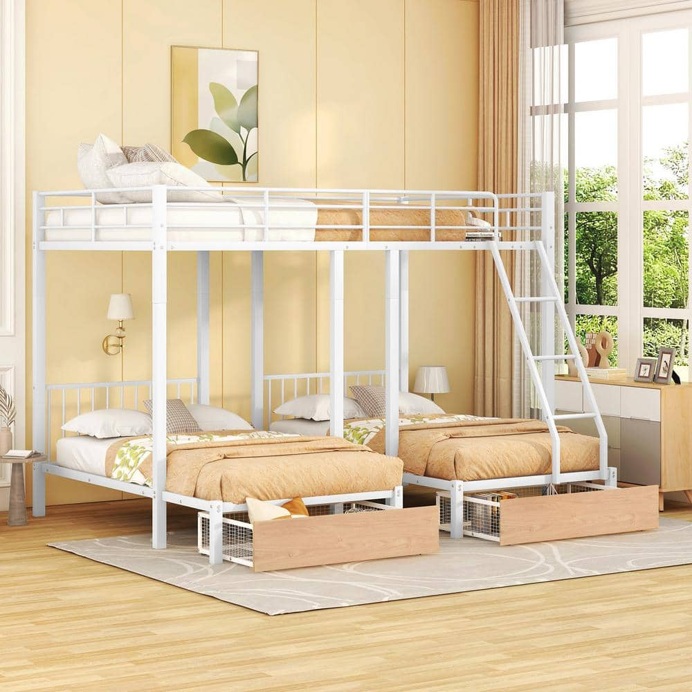 Harper & Bright Designs White Full Over Twin And Twin Metal Triple Bunk ...