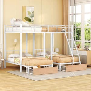 White Full over Twin and Twin Metal Triple Bunk Bed with 2 Built- in Shelves, 2-Drawers and Ladder