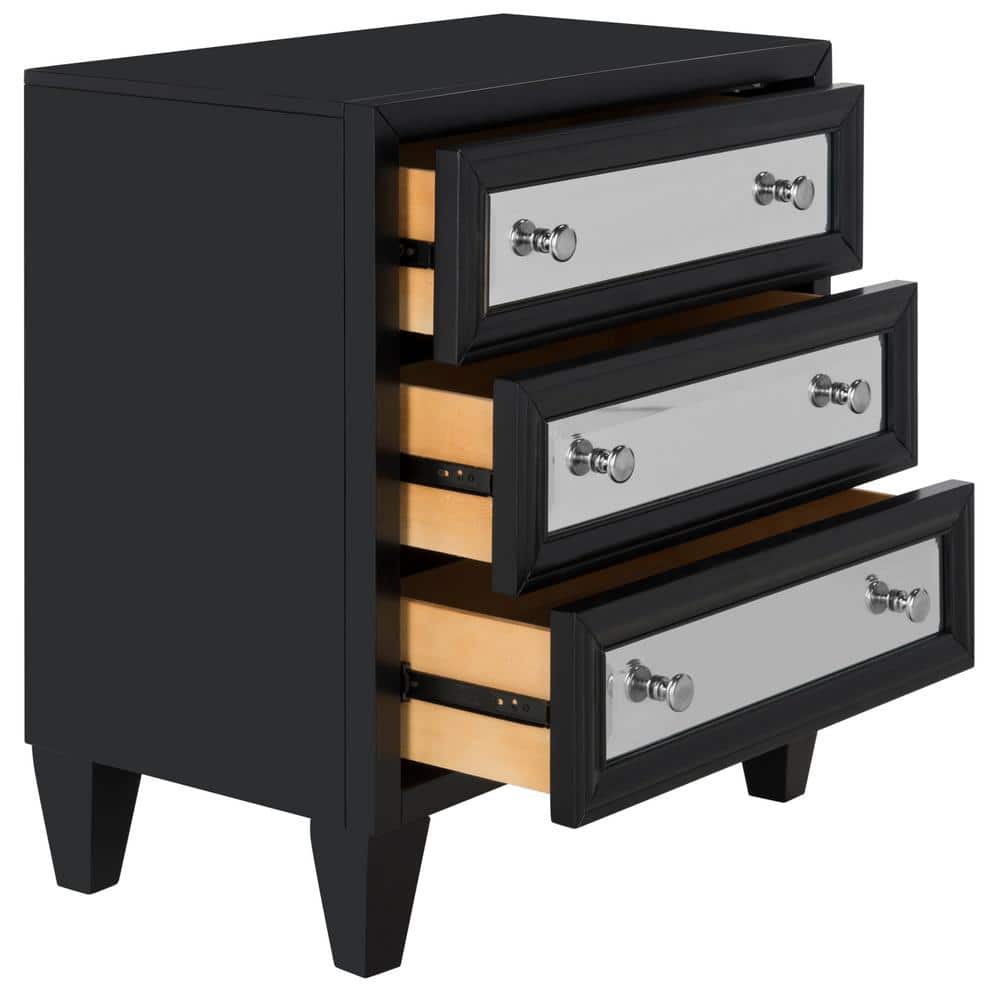 Transitional Black Mirrored 3-Drawer Chest, 25" W
