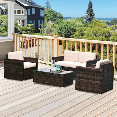 Brown 4-Piece Steel Plastic Rattan Patio Conversation Set with Beige Cushions, 1 Sofa, 2 Armchairs, and Coffee Table