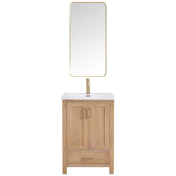 ROSWELL Gela 23.6 in. W x 19.7 in. D x 35 in. H Single Bath Vanity in Brown with White Drop-In Ceramic Basin and Mirror