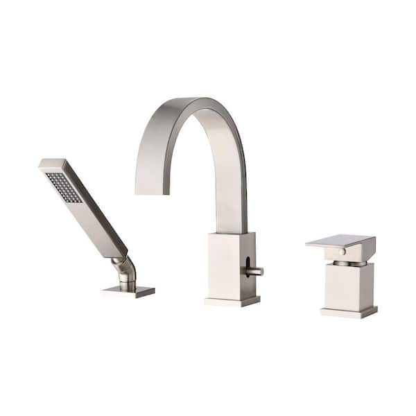 Single-Handle Deck-Mount Roman Tub Faucet with Hand Shower in Brushed Nickel