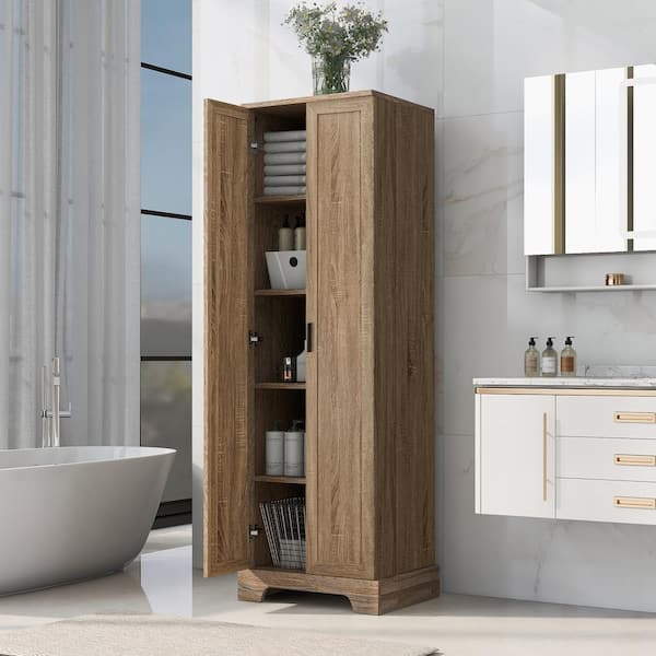Wood Tall Bathroom Linen Cabinet Small Bathroom Storage Corner Floor Cabinet with Doors and Shelves Toilet Paper Holder - Brown