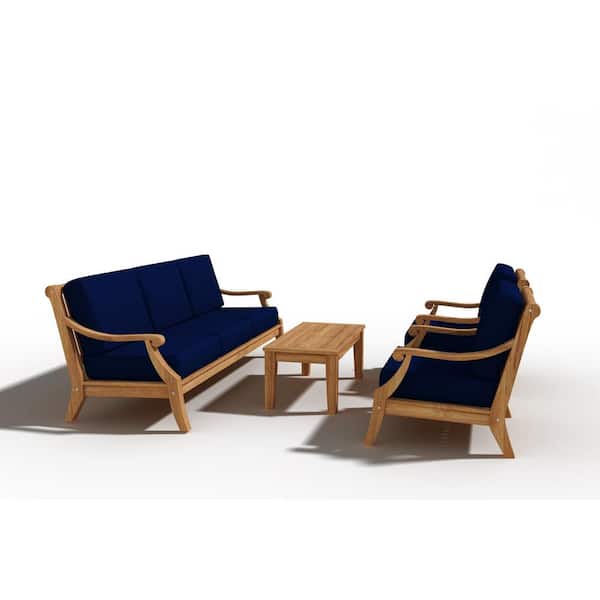 Unbranded Adrien 4-Piece Teak Patio Conversation Deep Seating Set with Sunbrella Navy Cushions