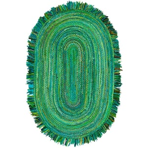 Braided Green 3 ft. x 5 ft. Abstract Striped Oval Area Rug