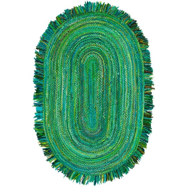 SAFAVIEH Braided Green Doormat 3 ft. x 5 ft. Abstract Striped Oval Area Rug