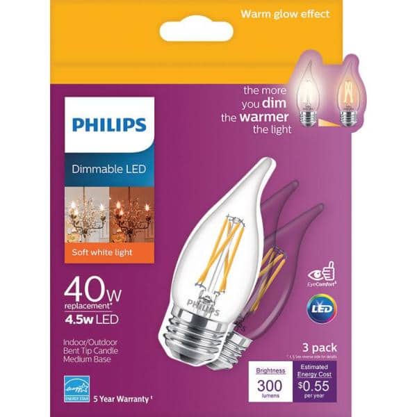 yesterday America tool Philips 40-Watt Equivalent Soft White BA11 Dimmable Warm Glow Dimming  Effect LED Candle Light Bulb Bent Tip E26 (2700K) (3-Pack) 540765