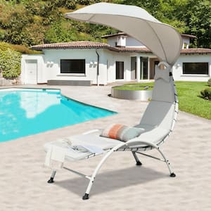 Metal Outdoor Canopy Chaise Lounge Chair with Beige Canopy, Cushion