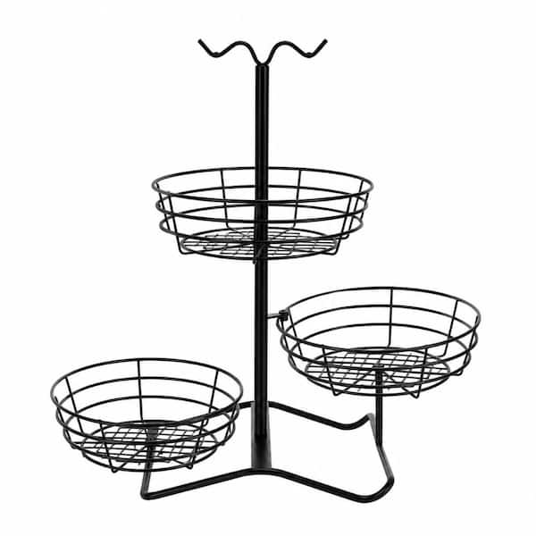 3-Tier Wire Fruit Basket Bowl with 2 Banana Hooks, Freestanding Metal Produce & Bread Organizer, Black