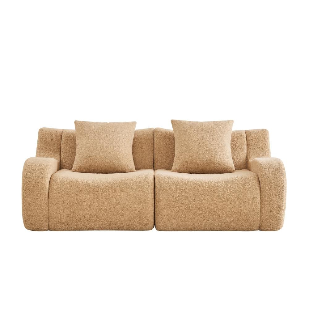 Soft Teddy Fabric Curved Arm 2-piece Teddy Modular Sectional Sofa with Non-Slip Base in Camel