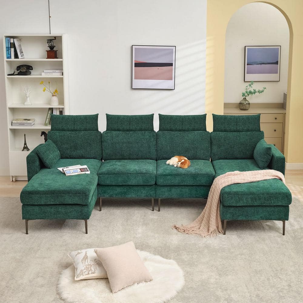 116.53 in. Square Arm Fabric U Shape Sectional Sofa with 2-Chaise Lounge and Pillow in Green -  JEAREY, XNE-2-Green