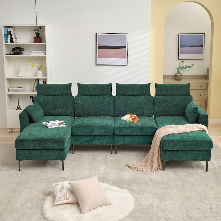 JEAREY 116.53 in. Square Arm Fabric U Shape Sectional Sofa with 2-Chaise Lounge and Pillow in Green