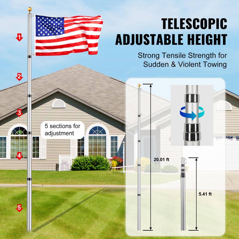 20ft Silver Aluminum Telescoping Garden Flagpole Kit