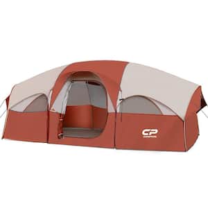 9 ft. x 14 ft. 8-Person Red Camping Tent with 5-Large Mesh Windows, Double Layer, Divided Curtain and Carry Bag