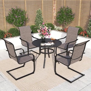 Black 5-Piece Metal Outdoor Patio Dining Set with Slat Round Table and C-Spring Textilene Chairs