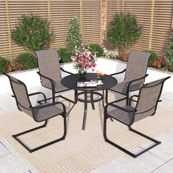 PHI VILLA Black 5-Piece Metal Outdoor Patio Dining Set with Slat Round Table and C-Spring Textilene Chairs