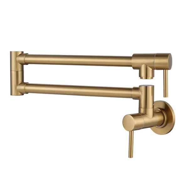 Brass Wall Mount Pot Filler with Double Handle, 2-aerators and 23.5" Swing Arms Folding Kitchen Faucet in Gold