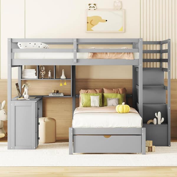 Gray Full over Twin Bunk Bed with Desk, Drawers and Shelves
