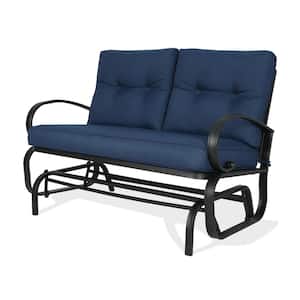 Patio 2-Person Metal Outdoor Glider Rocking Bench Loveseat with Navy Cushion