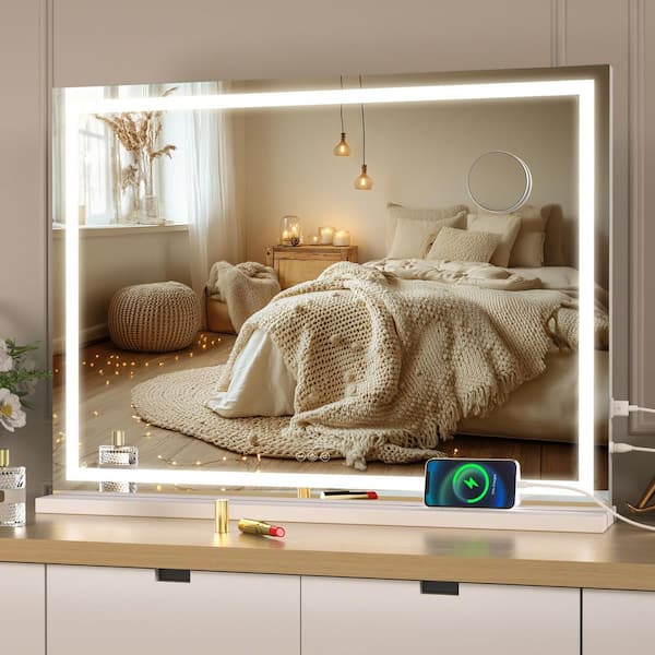 Vosuja 32 in. W x 22 in. H Square White Frame LED Makeup Mirror, Lighted Mirror with Dimmable 3 Modes, Touch Screen Control