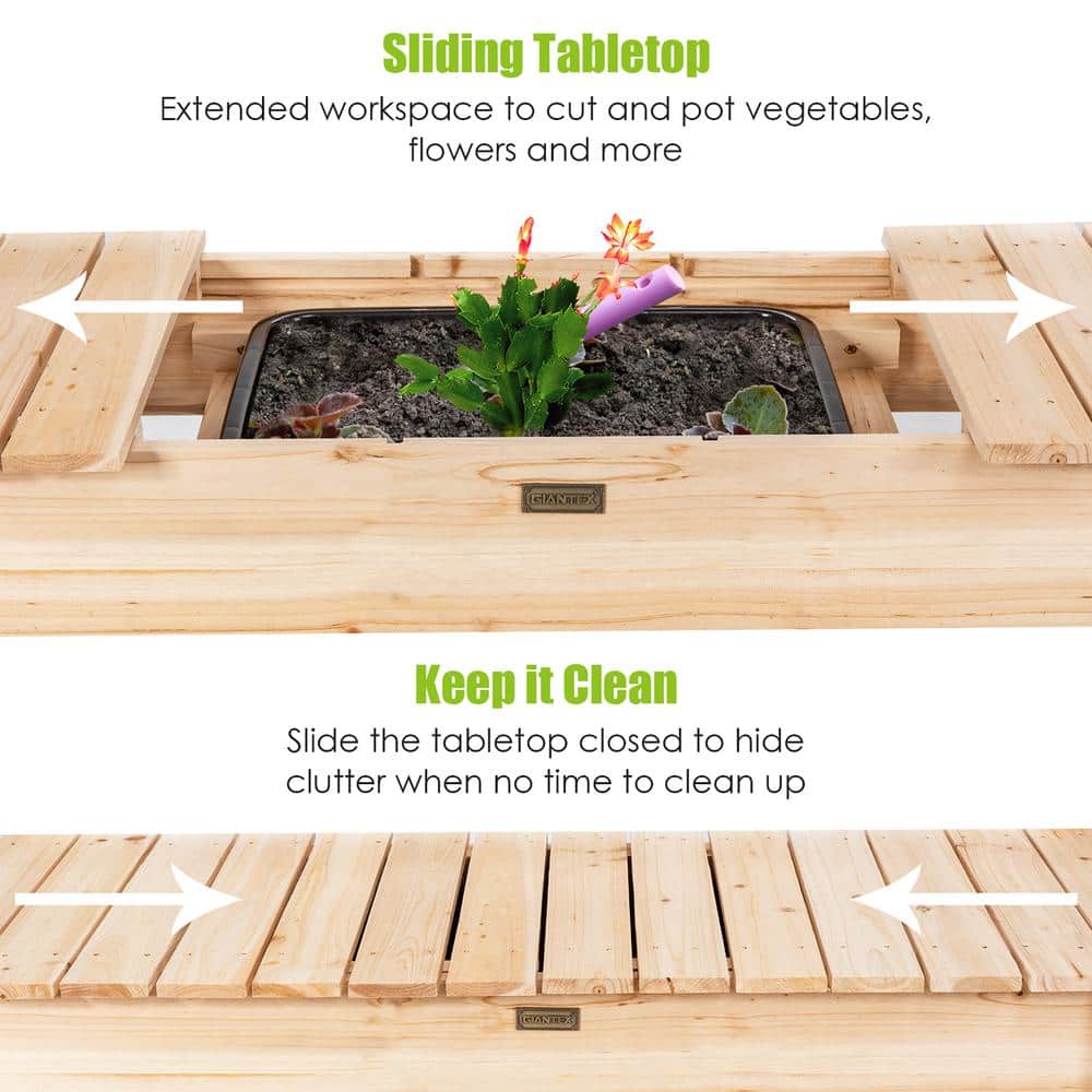 Natural Fir Wood Garden Potting Bench with Sliding Tabletop and Sink
