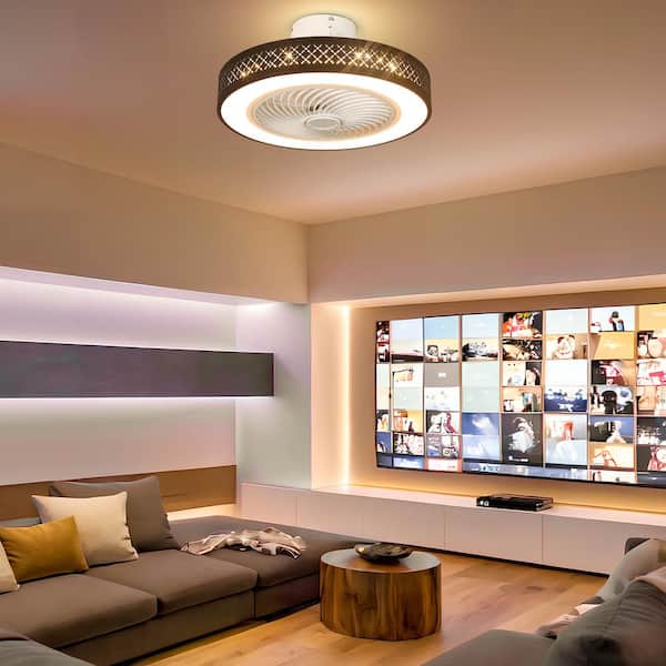 20 in. LED Indoor Black Low Profile Modern Dimmable Caged Flush Mount Ceiling Fan with Light with Remote for Bedroom