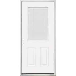 36 in. x 80 in. Reliant Clear 1/2 Lite RHIS White Micro-Blind White Primed Fiberglass Prehung Front Door Nickel Hinges