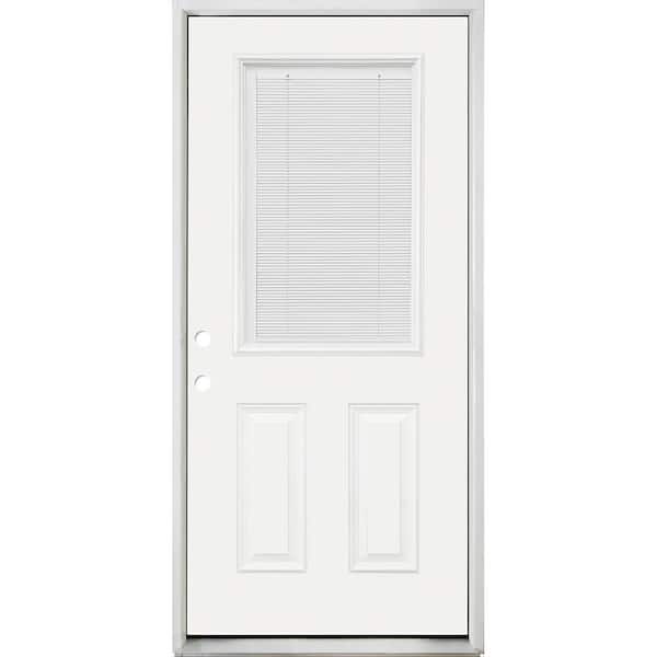Steves & Sons Reliant 32 in. x 80 in. Right Hand 1/2 Lite Micro-Blind Clear Glass Wht Primed Fiberglass Prehung Front Door w/Brickmold