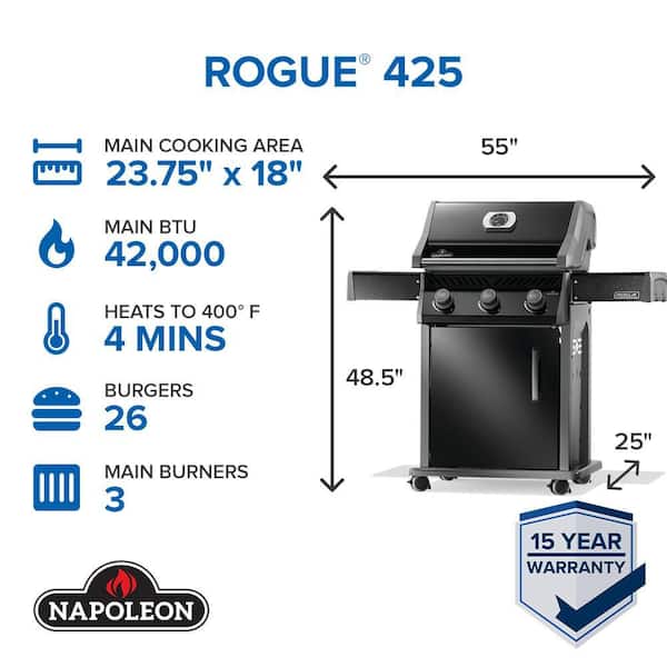 Rogue 425 3-Burner Propane Gas Grill in Black with Cast Iron Cooking Grids with Grill Cover