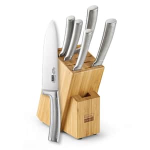 6-Piece Forge High Carbon German Blade Steel Knife Set with Expandable bamboo block for extra slots