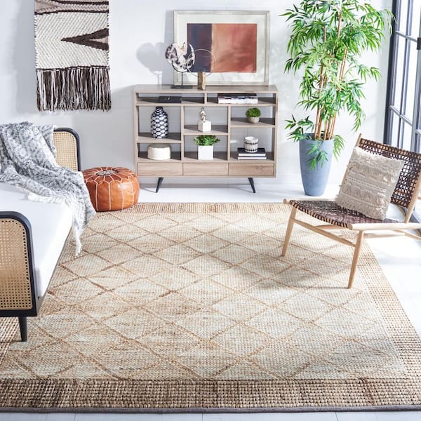 Kilim Natural/Beige 9 ft. x 12 ft. Border Trellis Solid Color Area Rug