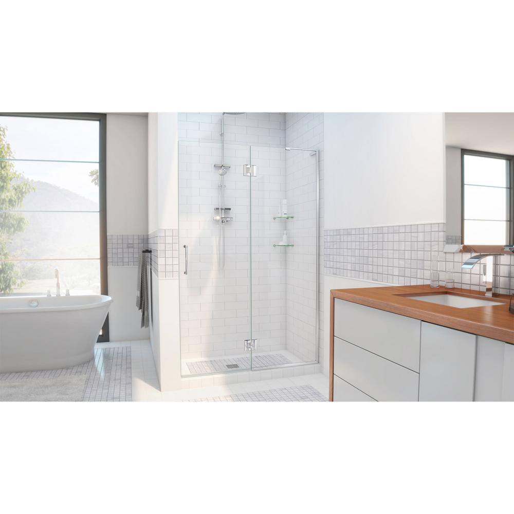 Unidoor-X 54" Frameless Clear Glass Hinged Shower Door with Distressed Bronze Hardware