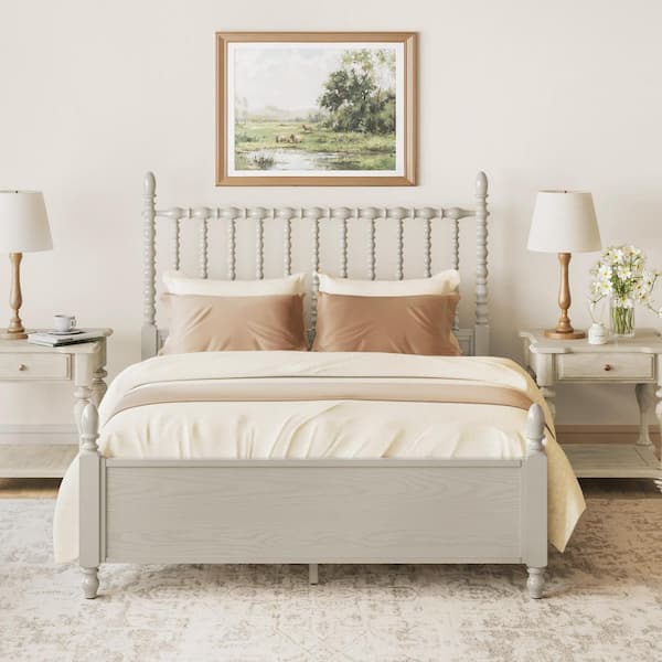 ELIO White Solid Wood Frame Queen Platform Bed Frame with Spindle Detailing, Footboard and Wooden Slat Support