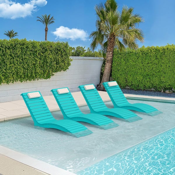 Sasha Aruba Blue HDPS Plastic Patio Lounge Chair Waterproof Fade-Resistant Outdoor Chaise Lounge with Headrest Set of 4