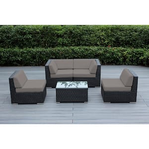 Black 5-Piece Wicker Patio Seating Set with Sunbrella Taupe Cushions