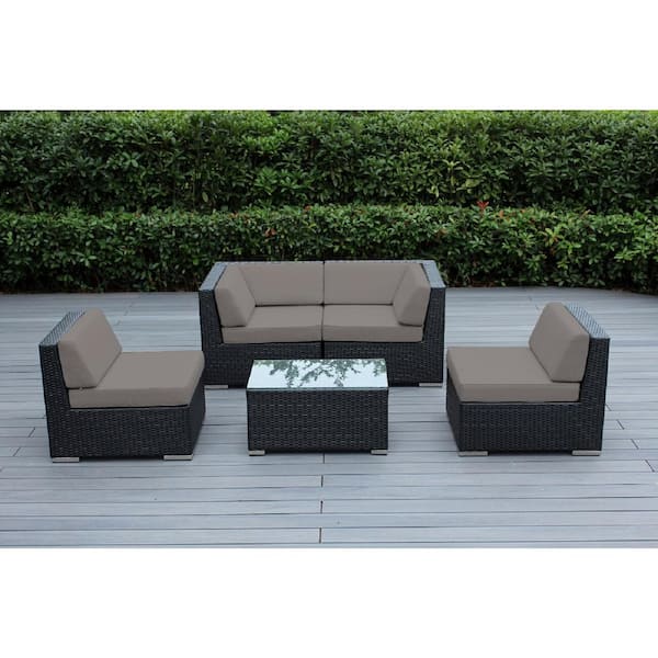 Black 5-Piece Wicker Patio Seating Set with Sunbrella Taupe Cushions