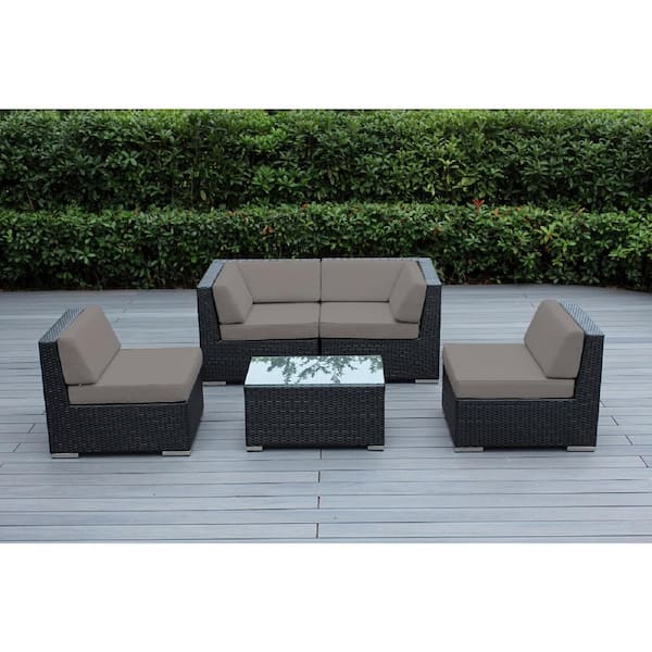 Ohana Depot Black 5-Piece Wicker Patio Seating Set with Sunbrella Taupe Cushions