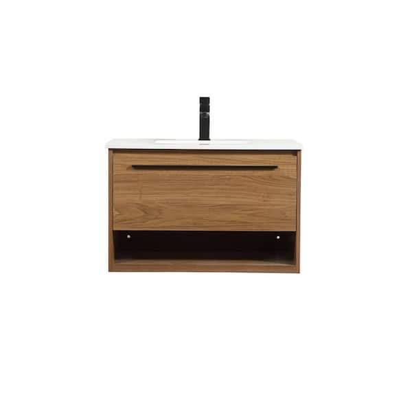 Unbranded Timeless Home 18 in. W x 30 in. D x 19.7 in. H Bath Vanity in Walnut Brown with Ivory White Engineered Stone Top