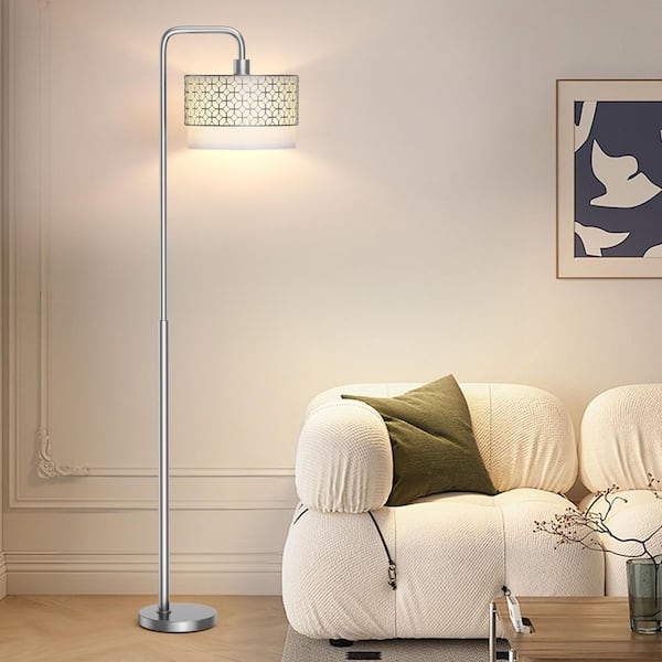 64 in. Silver Paint Standing Lamp w/Foot Switch, Modern Arc Floor Lamp with Metal Fabric Shades LED Bulb for Living Room