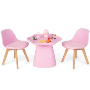 Kids Table and 2-Chairs Set 3-piece Children Activity Play Table with Padded Seat Round Tabletop Beech Legs Pink
