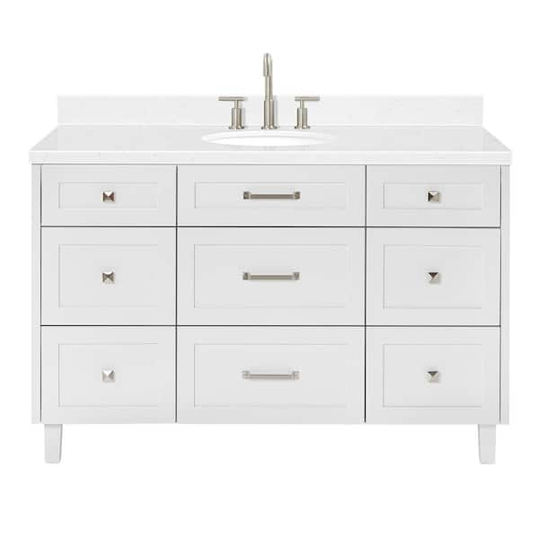 Monroe 54 in. Single Sink Freestanding Bathroom Vanity in White with Carrara White Quartz Top