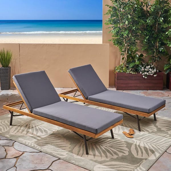 Noble House Canoga Teak Brown 2Piece Wood Outdoor Chaise Lounges with