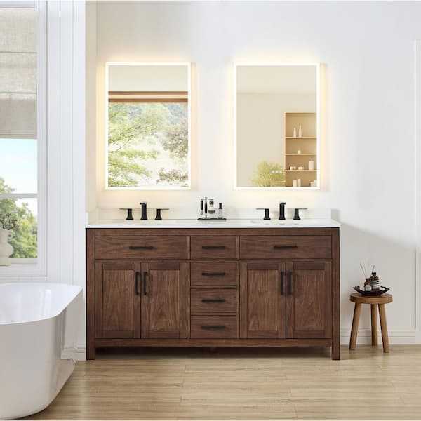 Beckett 66 in. Double Freestanding Dark Walnut Bath Vanity with White Quartz Top